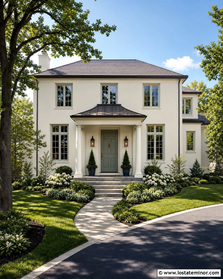 Warm White House With Sage Green Portico Door - 30 Warm White House Design With Portico Ideas