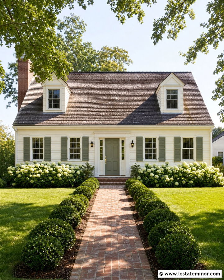 Warm White House With Sage Green Shutters - 30 Warm White House Design With Accents Ideas