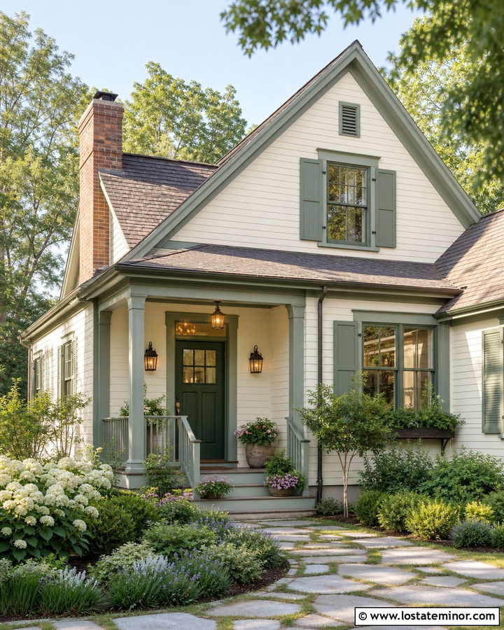 Warm White House With Sage Green Trim - 30 Warm White House Design With Trim Ideas