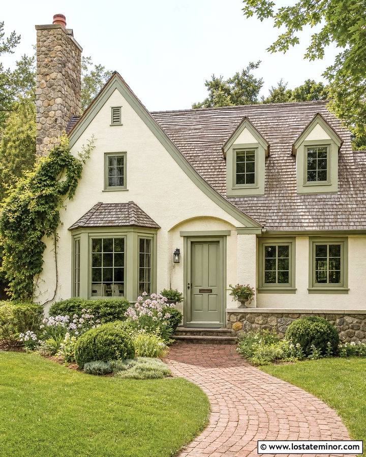 Warm White House With Sage Green Window Frames - 30 Warm White House Design With Window Frames Ideas