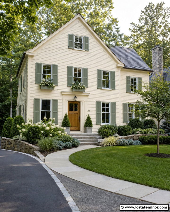 Warm White House With Sage Shutters And Layered Shrubs - 30 Warm White House Design With Landscaping Ideas