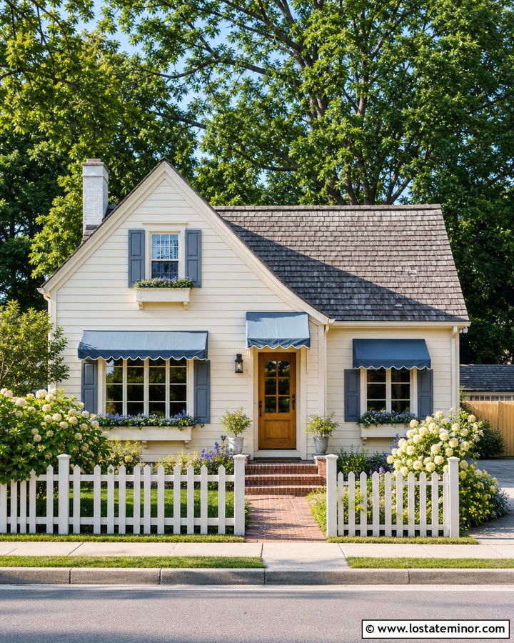 Warm White House With Scalloped Blue Awning - 30 Warm White House Design With Awning Ideas