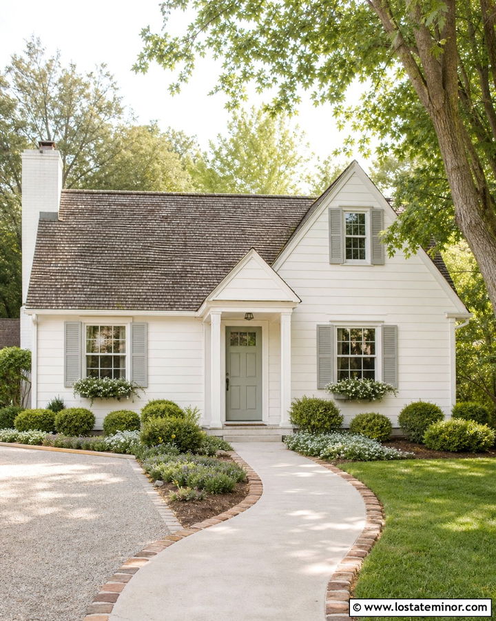 Warm White House With Scalloped Brick Walkway - 30 Warm White House Design With Walkway Ideas