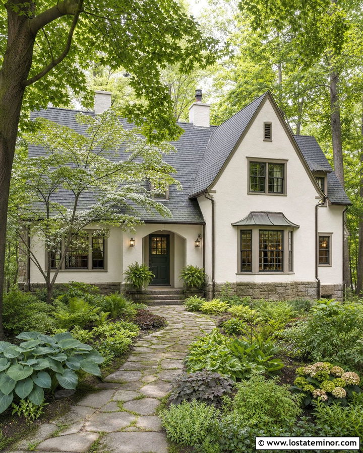 Warm White House With Shaded Woodland Front Yard - 30 Warm White House Design With Front Yard Ideas
