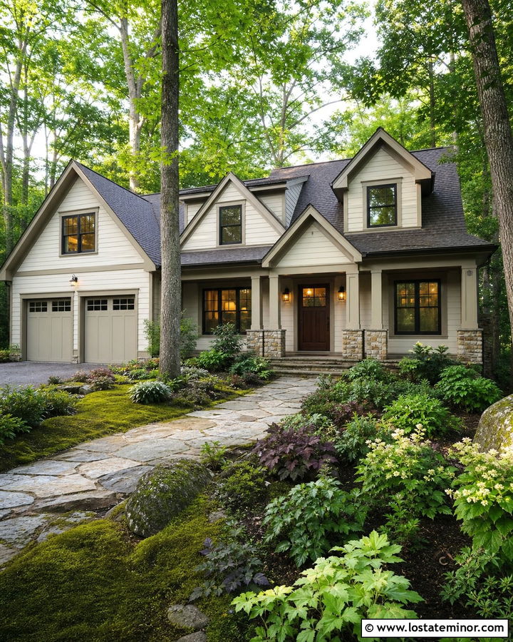 Warm White House With Shaded Woodland Garden - 30 Warm White House Design With Landscaping Ideas