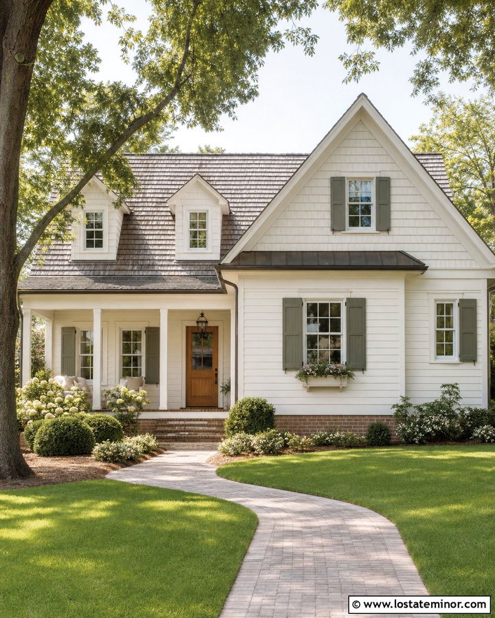 Warm White House With Shake Siding Gables - 30 Warm White House Design With Gables Ideas