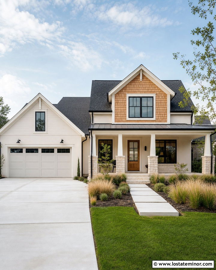 Warm White House With Shingles And Black Windows - 30 Warm White House Design With Shingles Ideas