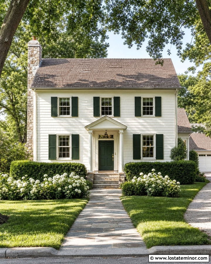 Warm White House With Shingles And Green Shutters - 30 Warm White House Design With Shingles Ideas