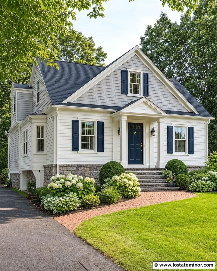 Warm White House With Shingles And Navy Door - 30 Warm White House Design With Shingles Ideas