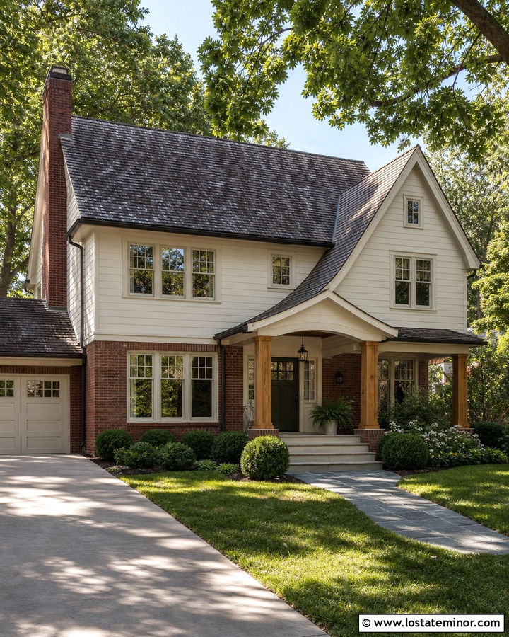 Warm White House With Shingles And Red Brick - 30 Warm White House Design With Shingles Ideas