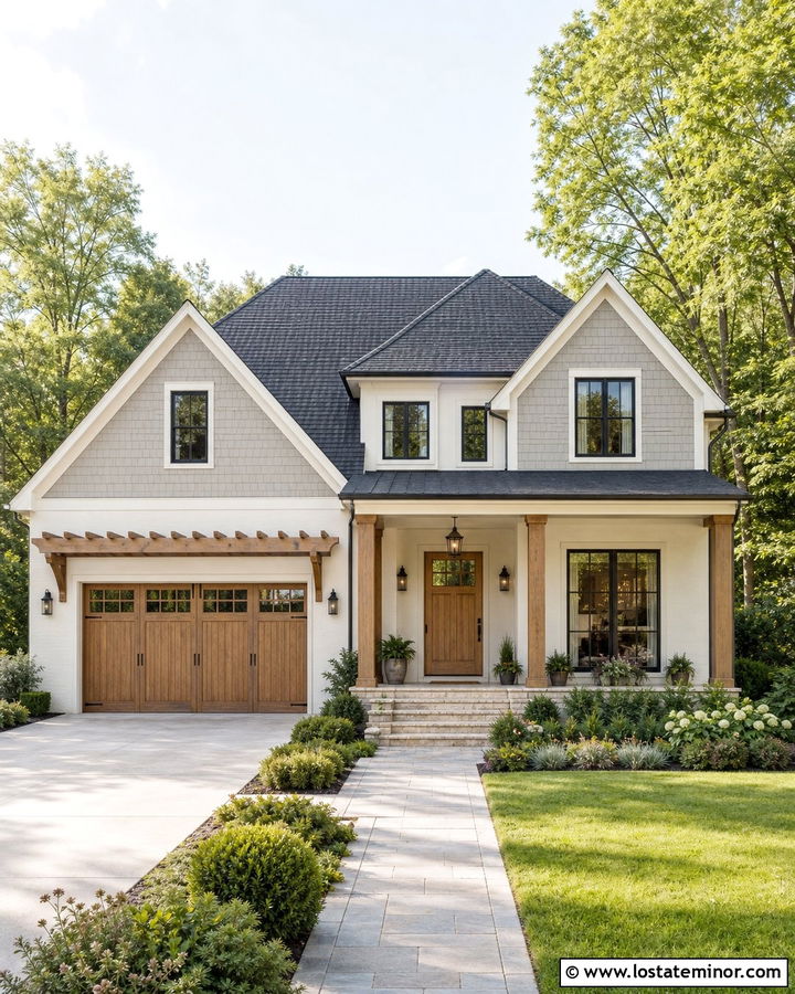 Warm White House With Shingles And Wood Door - 30 Warm White House Design With Shingles Ideas