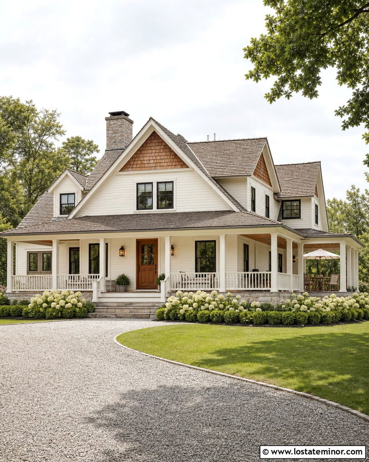 Warm White House With Shingles And Wraparound Porch - 30 Warm White House Design With Shingles Ideas