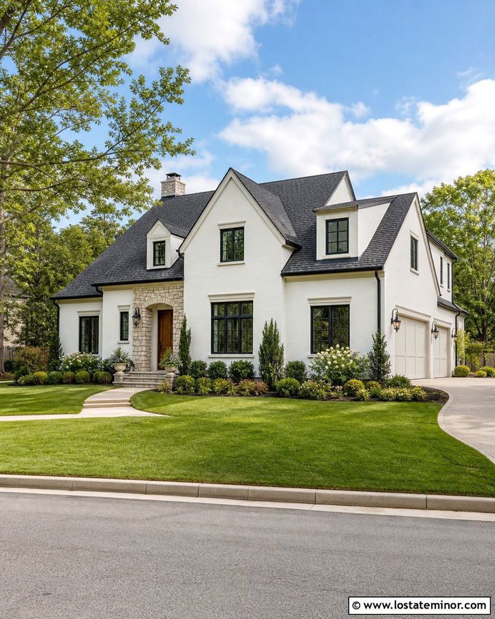 Warm White House With Side Entry Garage - 30 Warm White House Design With Garage Door Ideas