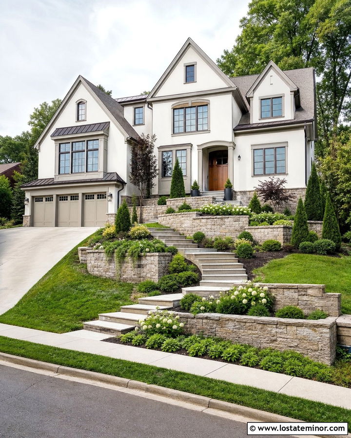 Warm White House With Sloped Yard And Stone Walls - 30 Warm White House Design With Landscaping Ideas