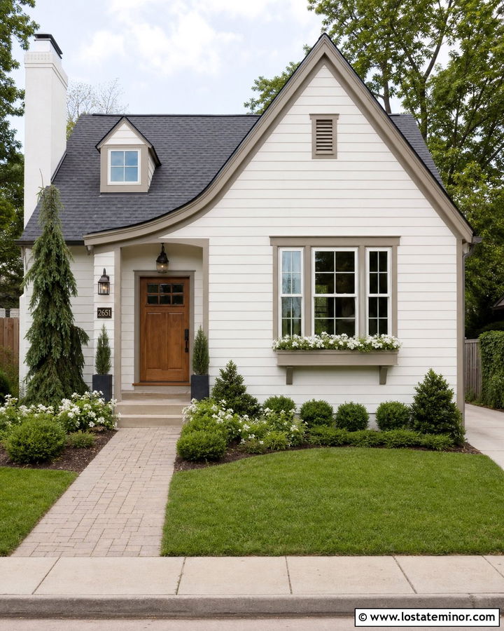 Warm White House With Small Front Yard Landscaping - 30 Warm White House Design With Landscaping Ideas