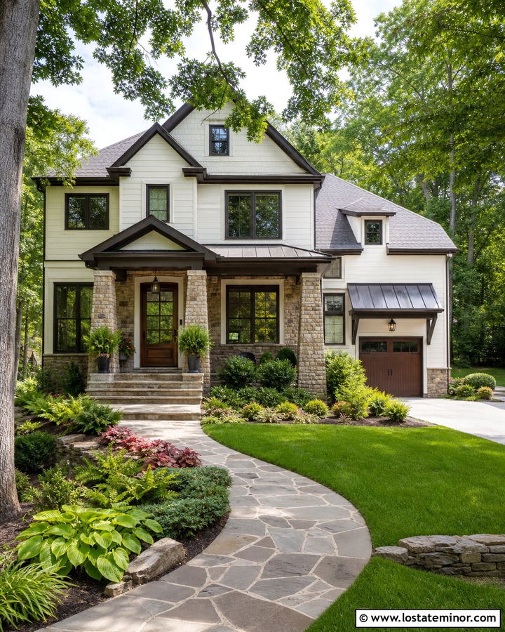 Warm White House With Stone Accents And Woodland Plants - 30 Warm White House Design With Landscaping Ideas