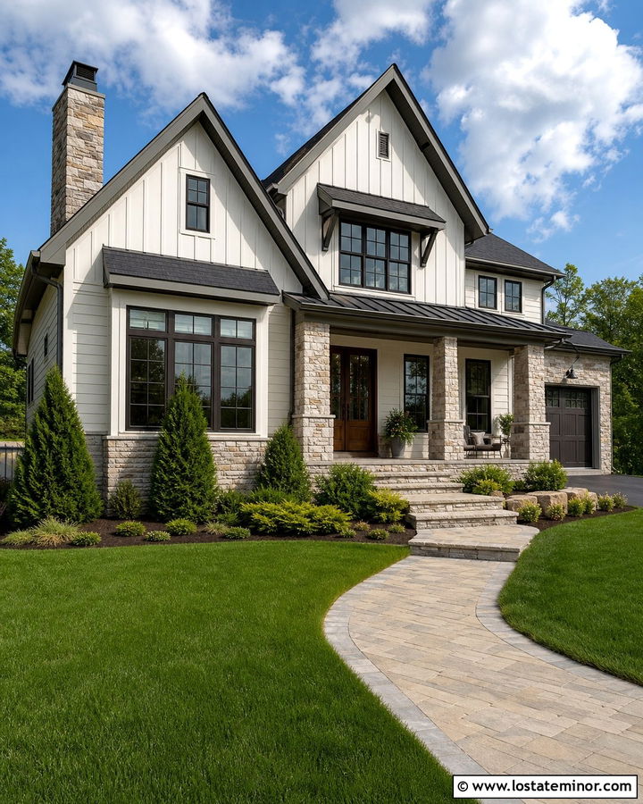 Warm White House With Stone Accents - 30 Warm White House Design With Accents Ideas