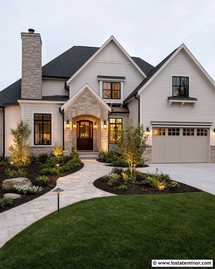 Warm White House With Stone And Uplights - 30 Warm White House Design With Light Fixtures Ideas