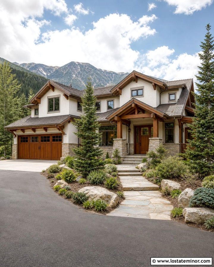 Warm White House With Stone And Wood Garage - 30 Warm White House Design With Garage Door Ideas