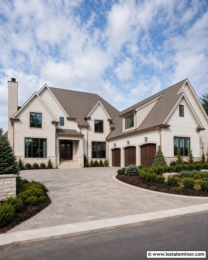 Warm White House With Stone Dormers - 30 Warm White House Design With Dormers Ideas