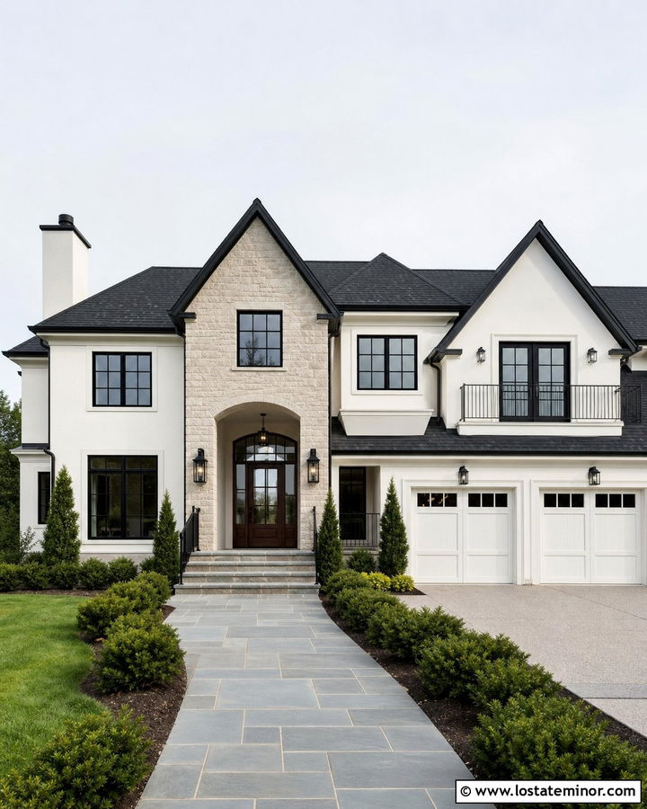 Warm White House With Stone Entry Gable - 30 Warm White House Design With Gables Ideas