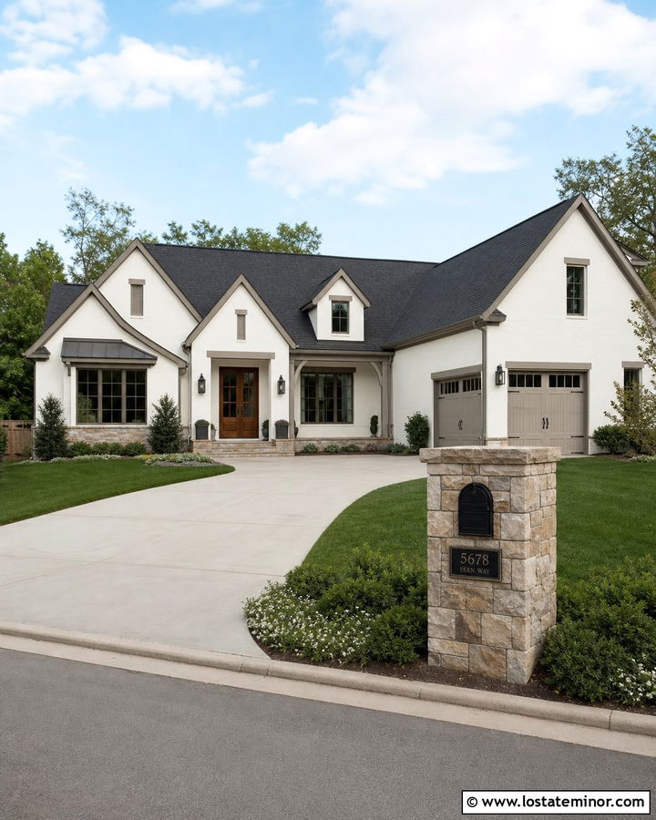 Warm White House With Stone Mailbox Pillar - 30 Warm White House Design With Mailbox Ideas