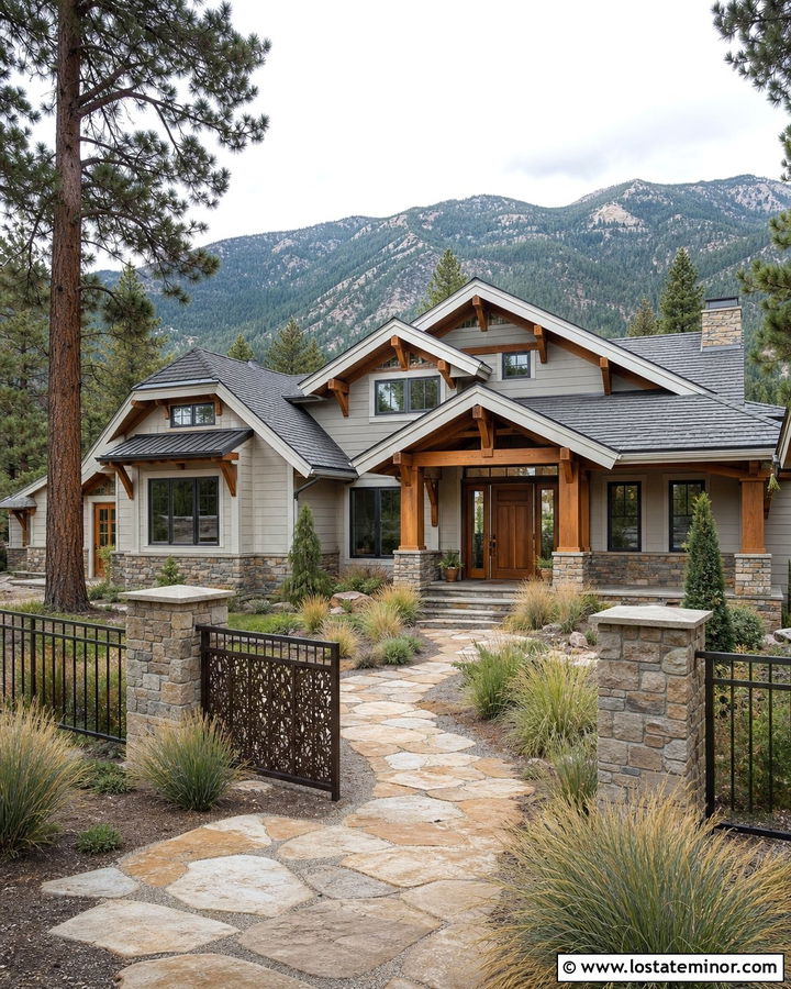Warm White House With Stone Pillar Fence - 30 Warm White House Design With Fence Ideas