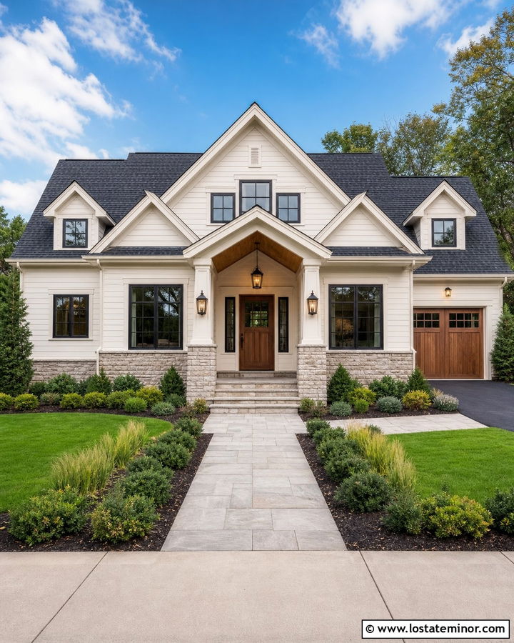 Warm White House With Stone Portico Columns - 30 Warm White House Design With Portico Ideas