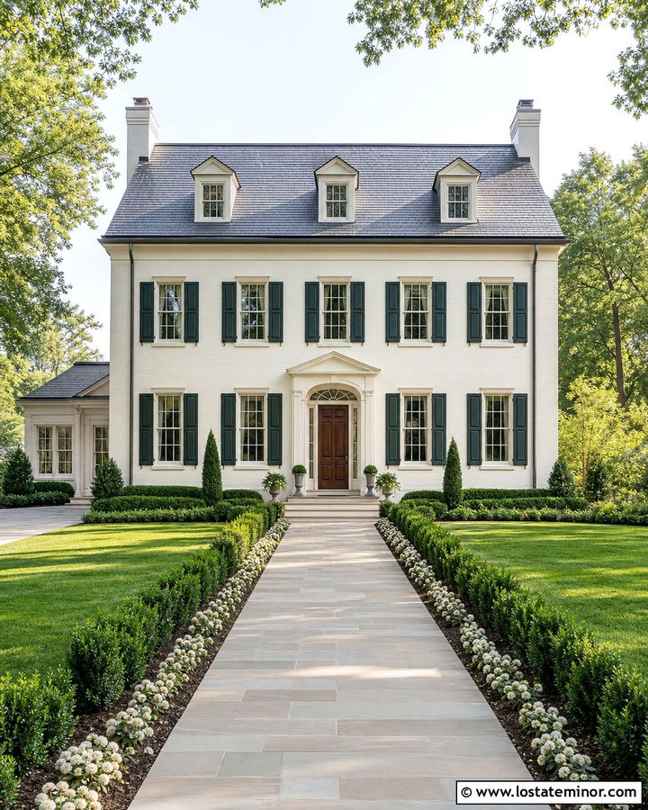 Warm White House With Straight Limestone Walkway - 30 Warm White House Design With Walkway Ideas