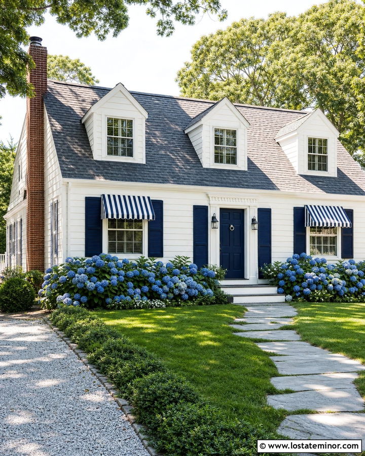 Warm White House With Striped Canvas Awning - 30 Warm White House Design With Awning Ideas