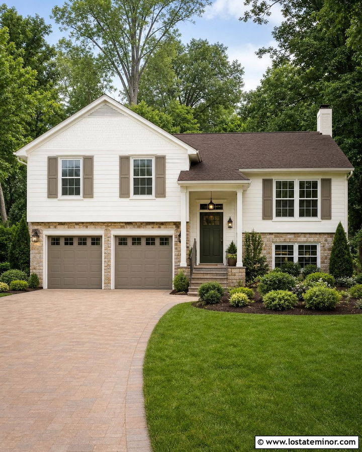 Warm White House With Taupe Garage Door - 30 Warm White House Design With Garage Door Ideas