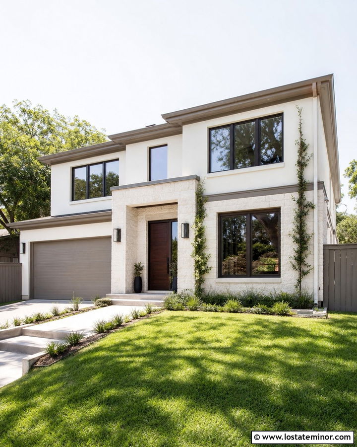 Warm White House With Taupe Privacy Fence - 30 Warm White House Design With Fence Ideas