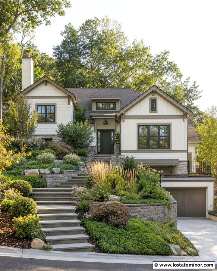 Warm White House With Terraced Front Yard - 30 Warm White House Design With Front Yard Ideas