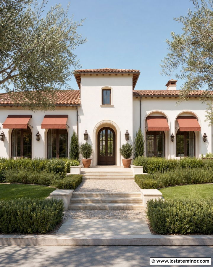 Warm White House With Terracotta Canvas Awning - 30 Warm White House Design With Awning Ideas