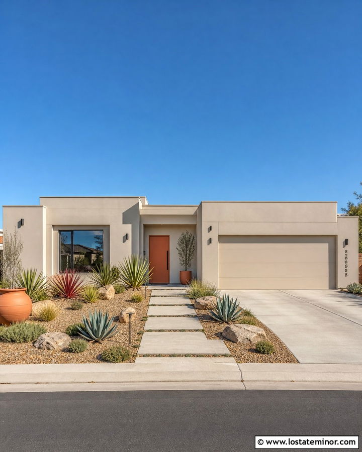 Warm White House With Terracotta Door And Xeriscaping - 30 Warm White House Design With Landscaping Ideas