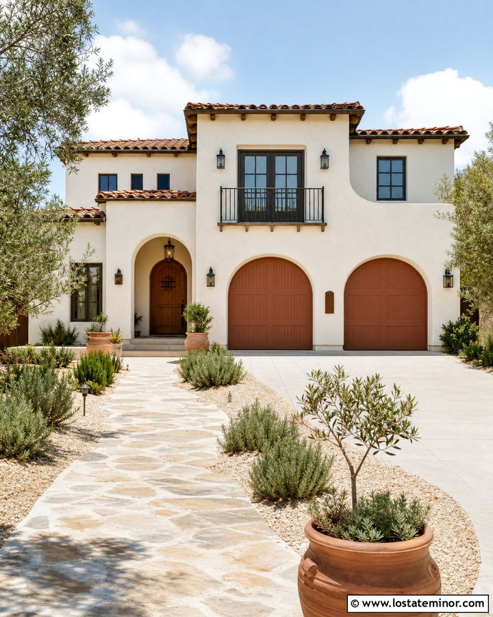Warm White House With Terracotta Garage Door - 30 Warm White House Design With Garage Door Ideas