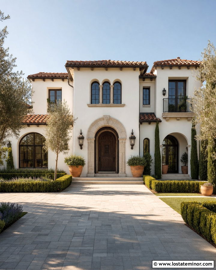 Warm White House With Terracotta Roof And Bronze Lights - 30 Warm White House Design With Light Fixtures Ideas