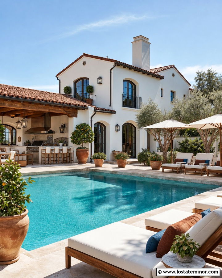 Warm White House With Terracotta Roof And Pool - 30 Warm White House Design With Swimming Pool Ideas