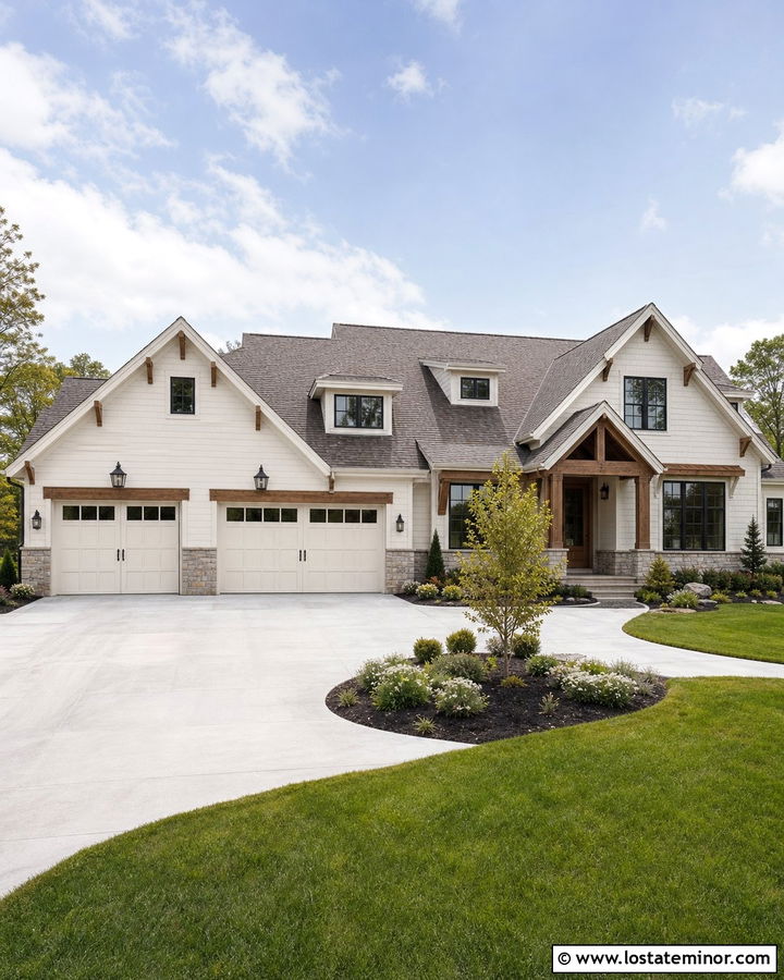 Warm White House With Three Car Garage - 30 Warm White House Design With Garage Door Ideas