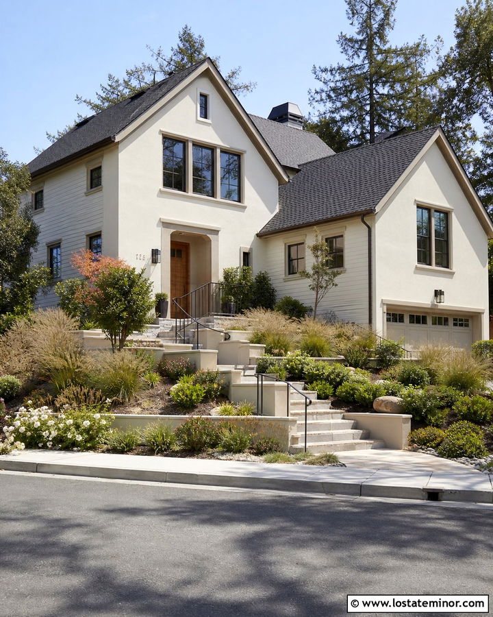 Warm White House With Tiered Garden Steps - 30 Warm White House Design With Steps Ideas