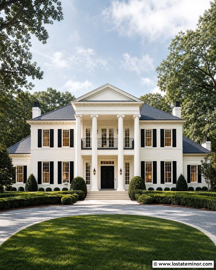 Warm White House With Two Story Portico - 30 Warm White House Design With Portico Ideas