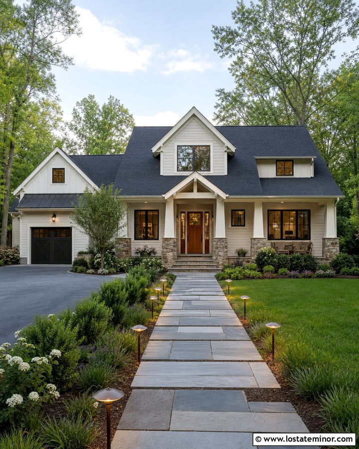 Warm White House With Walkway Lighting - 30 Warm White House Design With Walkway Ideas