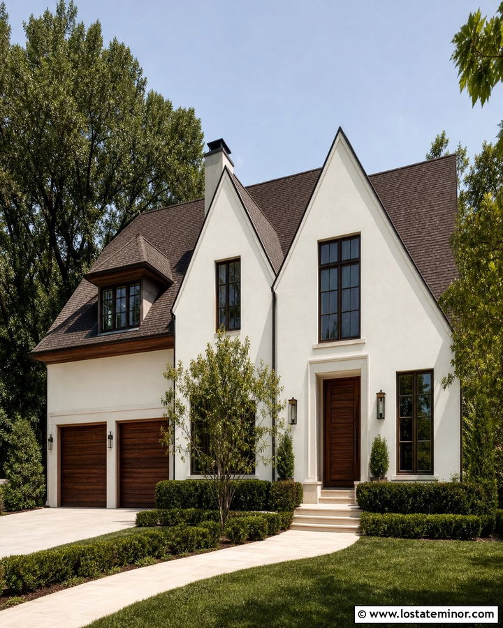 Warm White House With Walnut Garage Door - 30 Warm White House Design With Garage Door Ideas