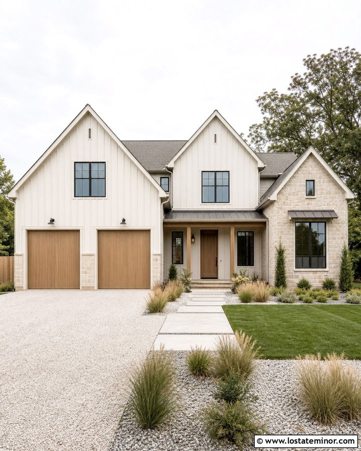 Warm White House With White Oak Garage Door - 30 Warm White House Design With Garage Door Ideas
