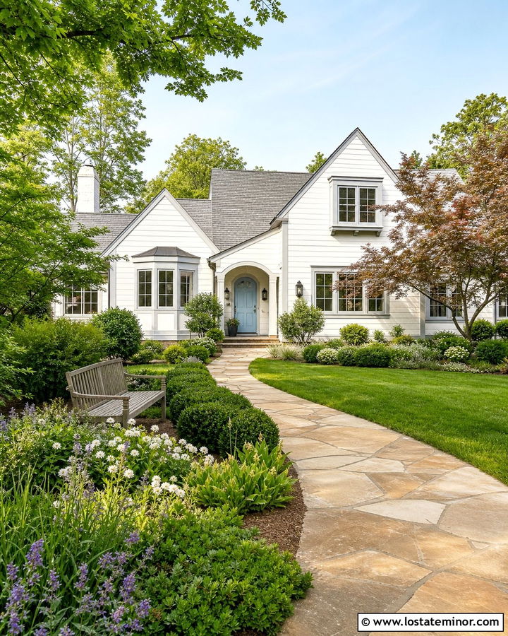 Warm White House With Winding Garden Walkway - 30 Warm White House Design With Walkway Ideas