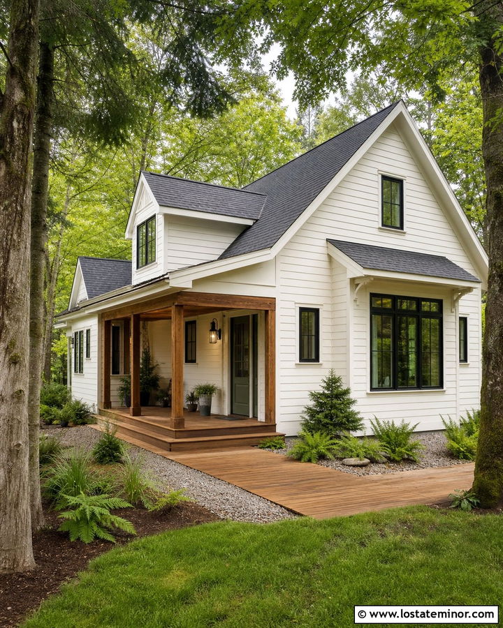 Warm White House With Wood Boardwalk - 30 Warm White House Design With Walkway Ideas