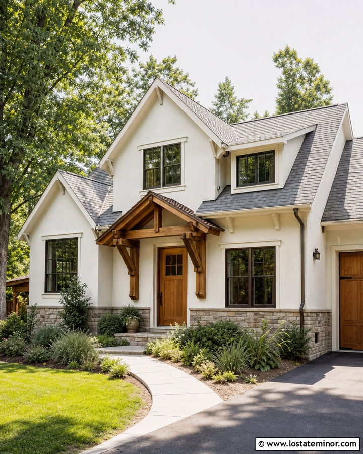 Warm White House With Wood Entry Awning - 30 Warm White House Design With Awning Ideas