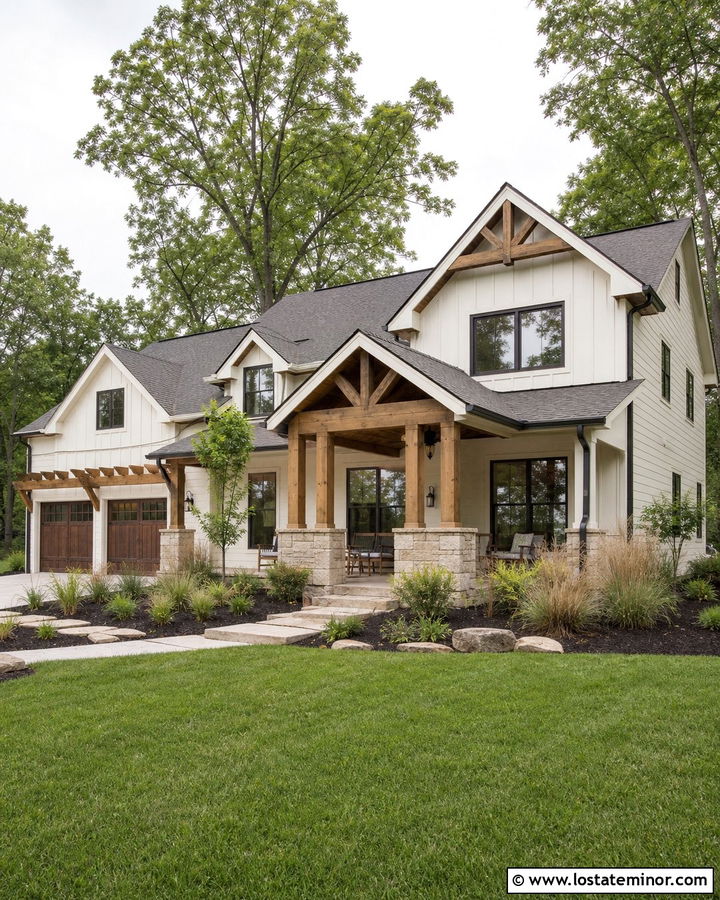 Warm White House With Wood Gable Trusses - 30 Warm White House Design With Gables Ideas