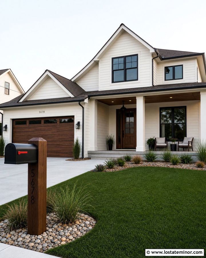 Warm White House With Wood Mailbox Post - 30 Warm White House Design With Mailbox Ideas