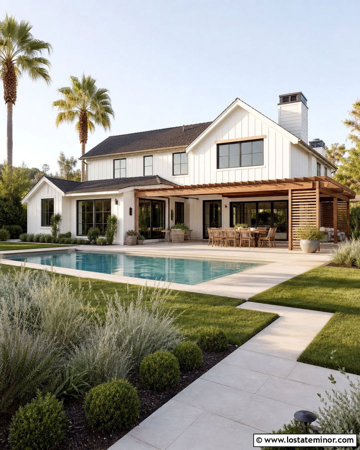 Warm White House With Wood Pergola Pool - 30 Warm White House Design With Swimming Pool Ideas